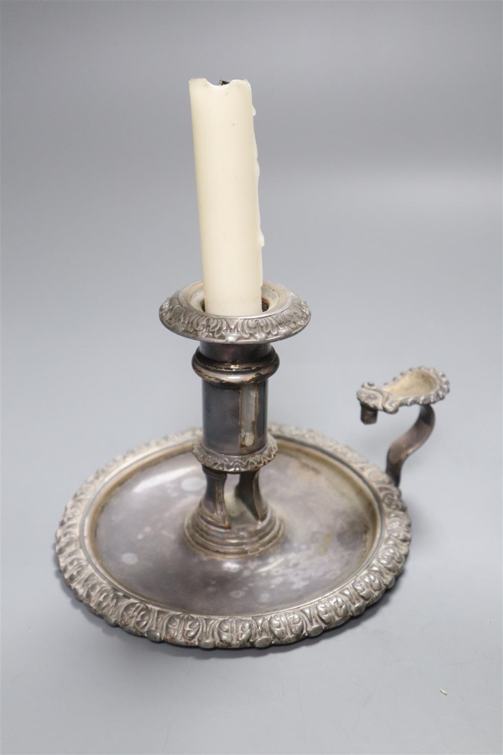 A pair of Victorian Old Sheffield plate chambersticks, 12cm
